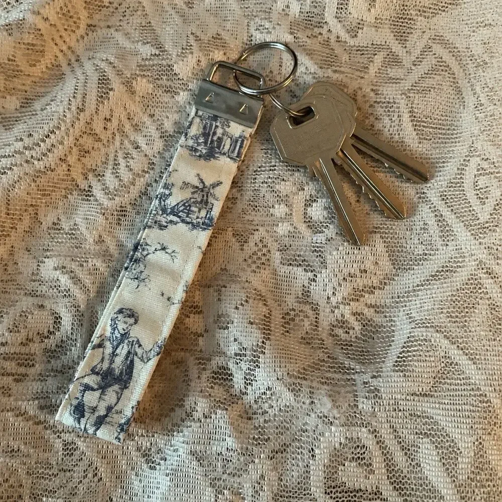 Handcrafted Cottagecore Toile Fabric Wristlet Key Fob Keychain